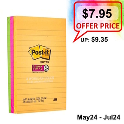  Anniversary Sales - 3M Post-It® Super Sticky Lined Notes, 4" x 6" x 3Pads/Pack (660-3SSUC)