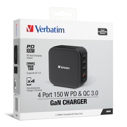  VERBATIM 4 Port 150W PD & QC 3.0 GaN Charger, 66910 (with AC Power Cord & Stand)