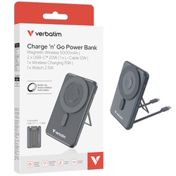  VERBATIM 5-in-1 Magnetic Wireless Charge ‘n’ Go Power Bank 5000mAh, 32219 (Grey)