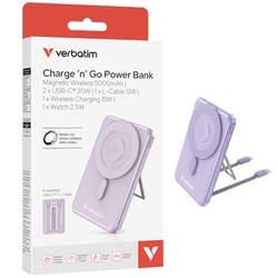  VERBATIM 5-in-1 Magnetic Wireless Charge ‘n’ Go Power Bank 5000mAh, 32220 (Purple)