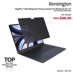  MEGA SALES - KENSINGTON MagPro&trade; Elite Magnetic Privacy Screen For Apple Macbook Air 13" (2022 And Newer), K58374WW